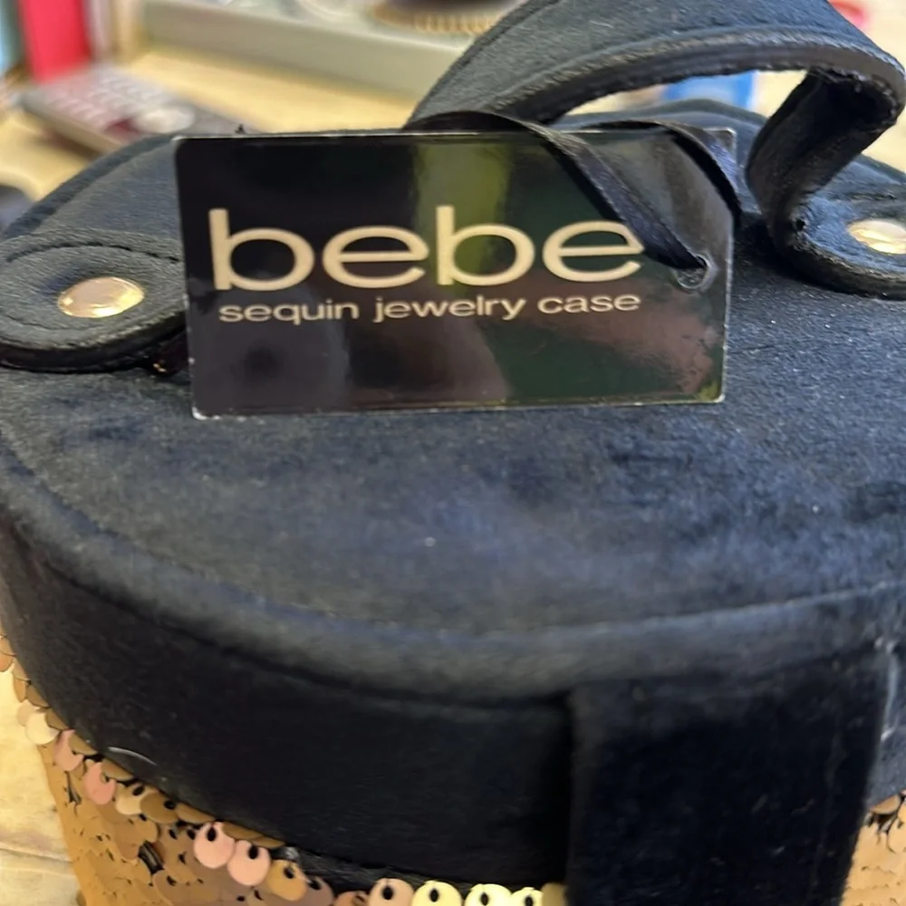 Bebe Brand Black and Gold Sequin Jewelry Case - Mirror & Compartments